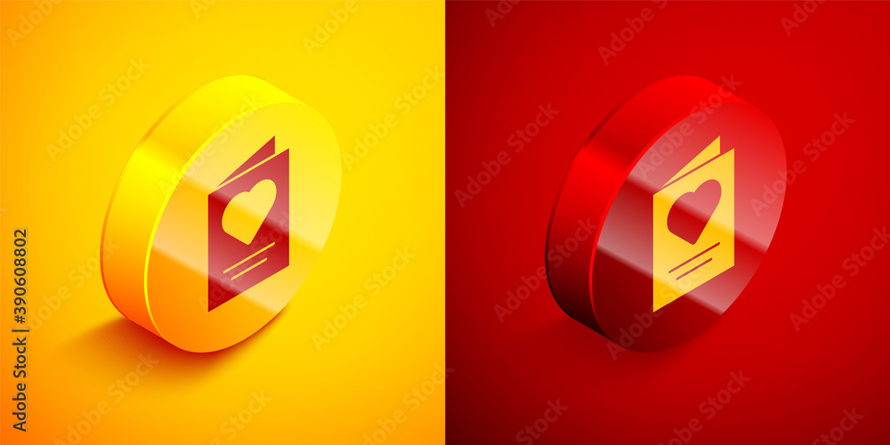 Isometric Greeting card icon isolated on orange and red background. Celebration poster template for invitation or greeting card. Circle button. Vector. Isometric Greeting card icon isolated on orange and red background. Celebration poster template for invitation or greeting card. Circle button. Vector.
