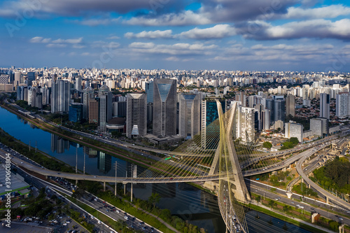 Estaiada's bridge aerial view. São Paulo, Brazil. Business center. Financial Center. City landscape. Cable-stayed bridge of Sao Paulo. Downtown. City view. Aerial landscape