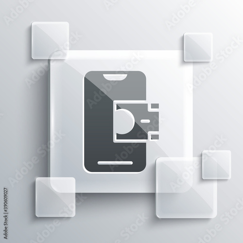 Grey Mobile banking icon isolated on grey background. Transfer money through mobile banking on the mobile phone screen. Square glass panels. Vector.