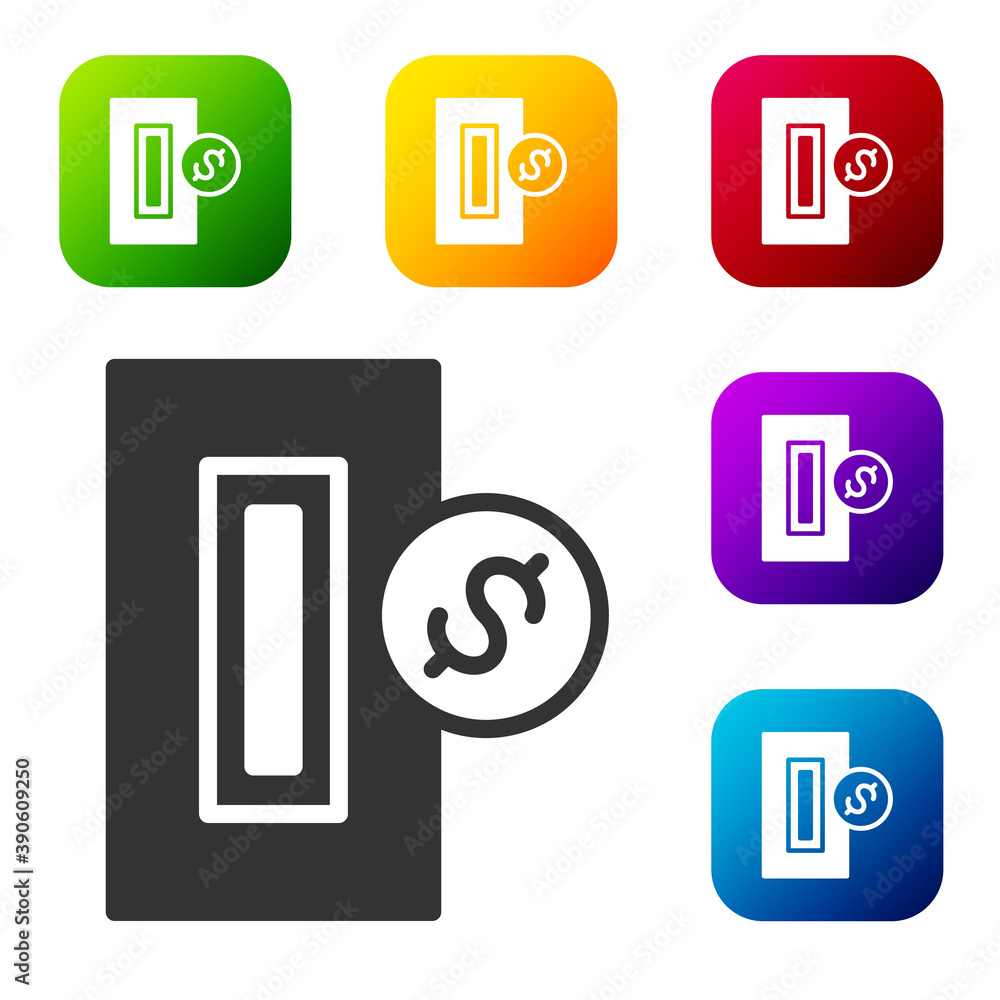 Black Hand inserting coin to a slot on a vending machine or arcade machine icon isolated on white background. Set icons in color square buttons. Vector. Black Hand inserting coin to a slot on a vending machine or arcade machine icon isolated on white background. Set icons in color square buttons. Vector.