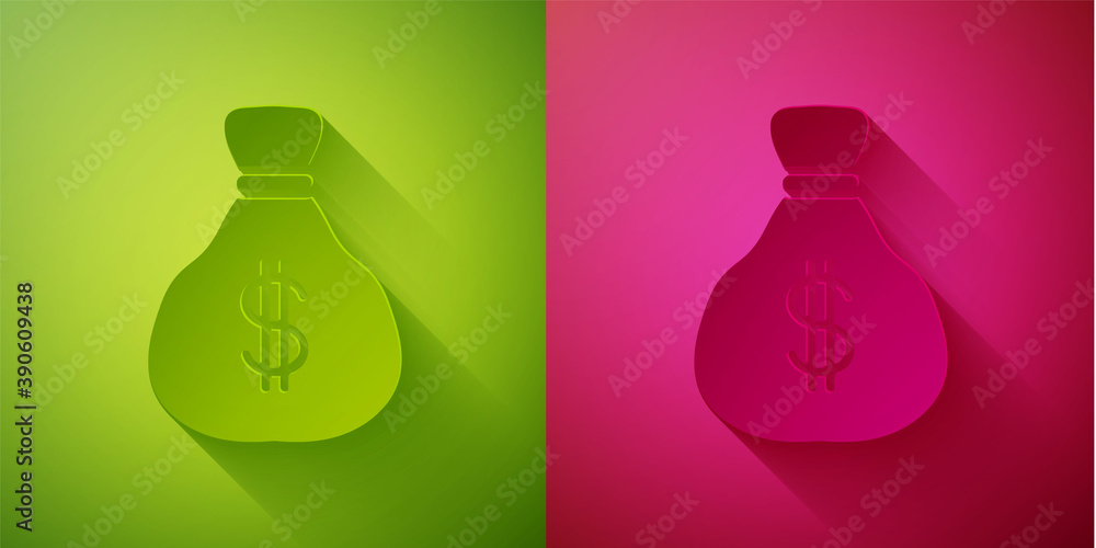 Paper cut Money bag icon isolated on green and pink background. Dollar or USD symbol. Cash Banking currency sign. Paper art style. Vector. Paper cut Money bag icon isolated on green and pink background. Dollar or USD symbol. Cash Banking currency sign. Paper art style. Vector.