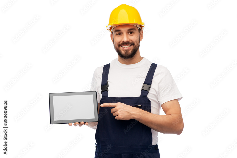 profession, construction and building - happy smiling male worker or builder in yellow helmet and overall with tablet pc computer over white background profession, construction and building - happy smiling male worker or builder in yellow helmet and overall with tablet pc computer over white background