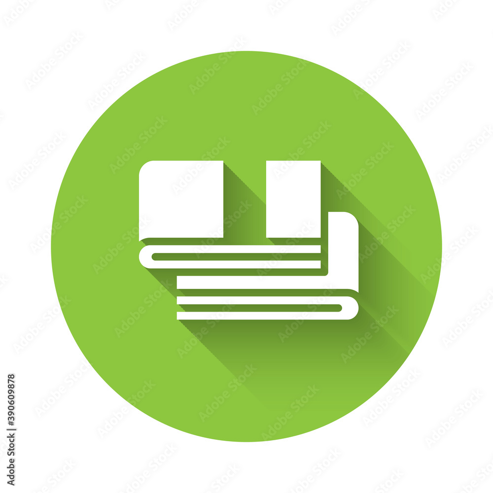 White Towel stack icon isolated with long shadow. Green circle button. Vector. White Towel stack icon isolated with long shadow. Green circle button. Vector.