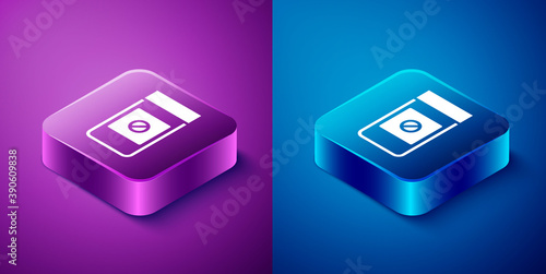 Isometric Sports doping, anabolic drugs icon isolated on blue and purple background. Anabolic steroids tablet. Pills in jar. Square button. Vector.