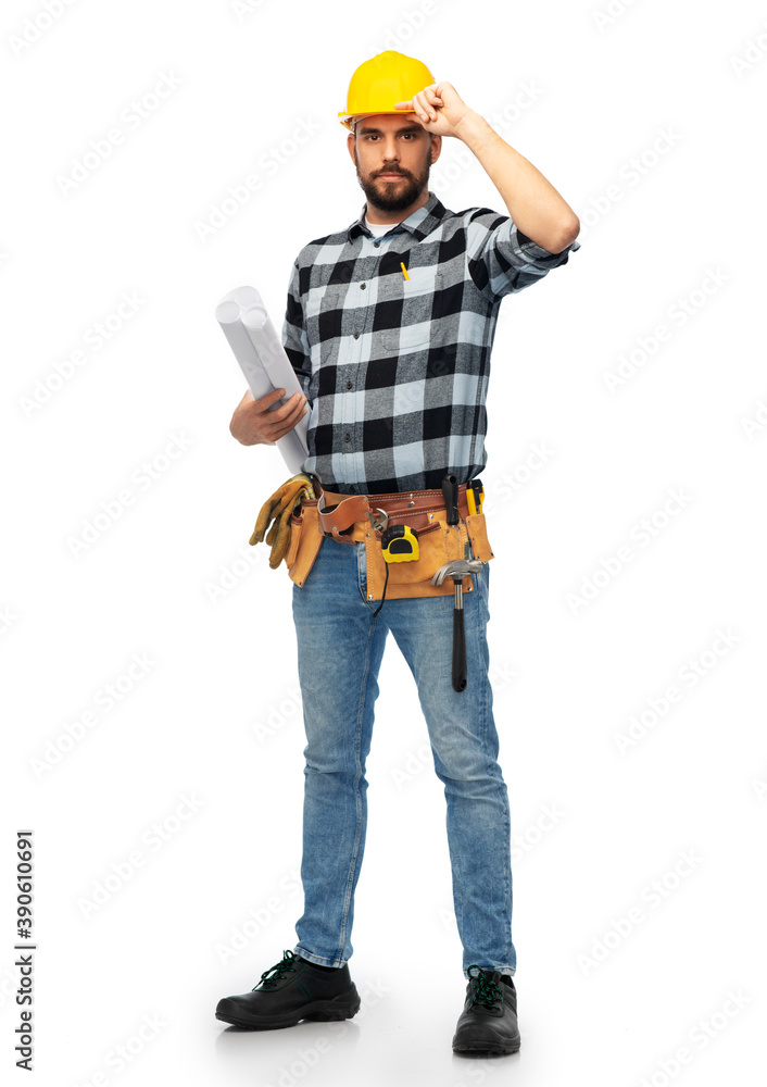 profession, construction and building - male worker or builder in helmet with blueprint over white background profession, construction and building - male worker or builder in helmet with blueprint over white background