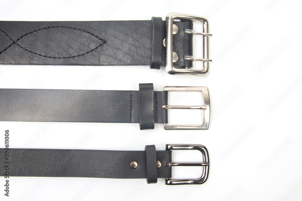 three black leather belt on white background three black leather belt on white background