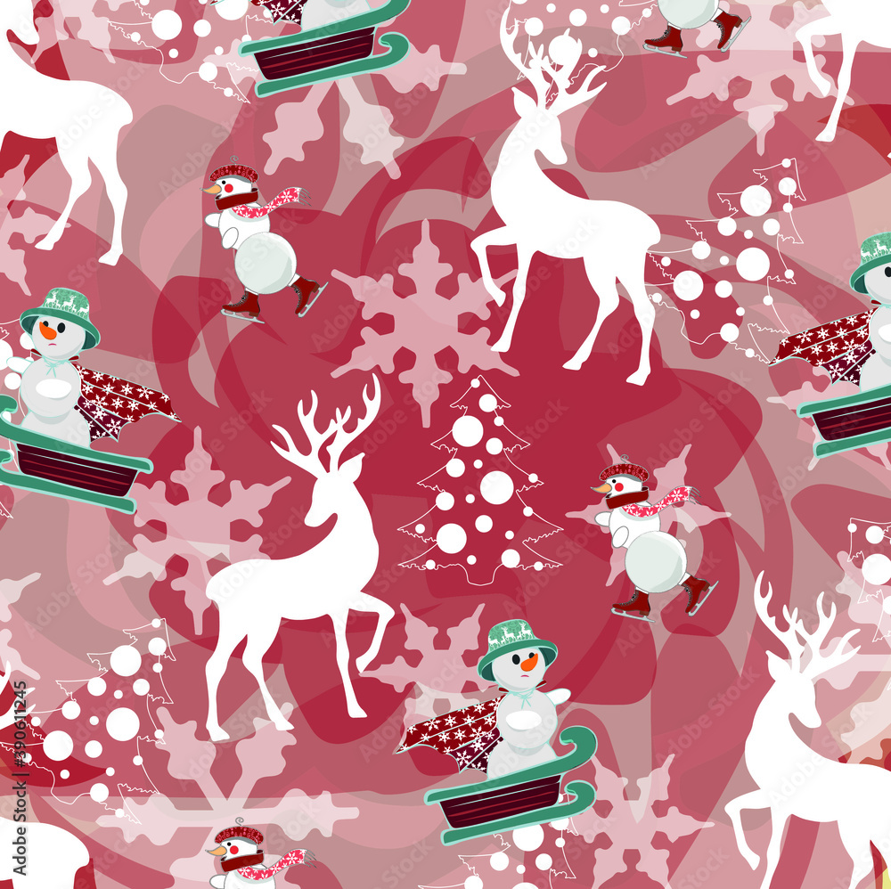 Obraz premium Illustration with snowman and deers on the red background