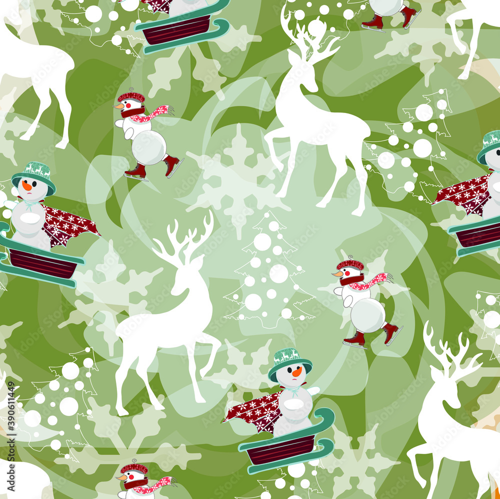 Naklejka premium Illustration with snowman and deers on the green background