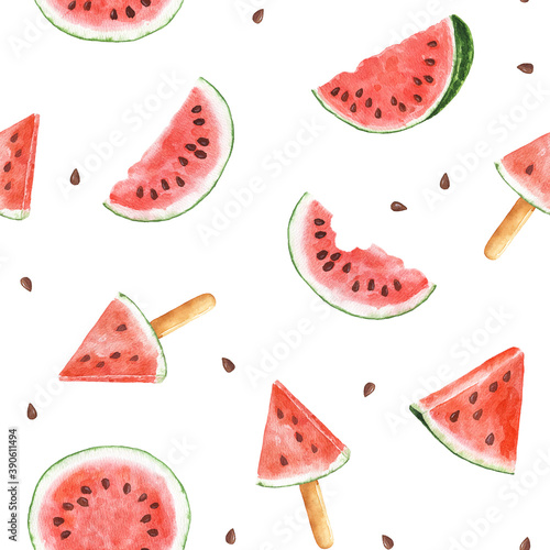 Fototapeta Naklejka Na Ścianę i Meble -  Seamless pattern with watercolor watermelon isolated on white background.