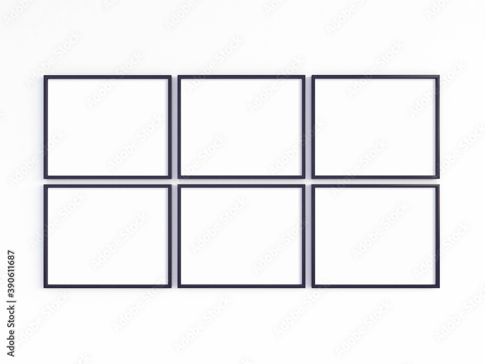 Four A4 thin black frames with horizontal orientation. 3D illustration. Four A4 thin black frames with horizontal orientation. 3D illustration.