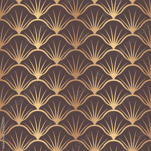 Vector seamless pattern golden nouveau. Art deco fan gold. Gatsby gold texture. Vintage scale ornate background. Classic great style. Roaring ornament. Elegant motif. Delicate design shell for prints