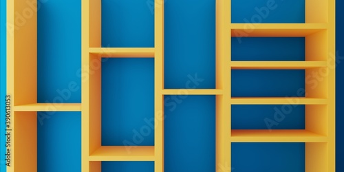 3d rendering of empty bookshelf yellow blue wall abstract minimal concept background trendy. Scene for advertising  show  technology  banner  kid  children  interior. Illustration. Product display