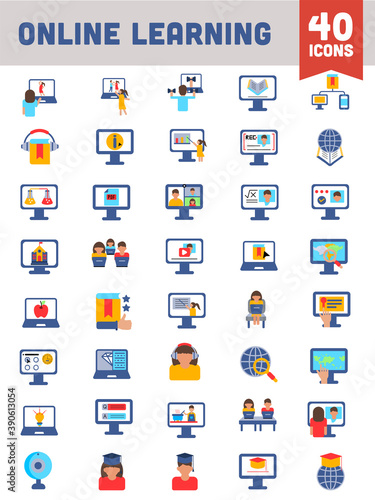 Colorful Online Learning Icon Set in Flat Style.
