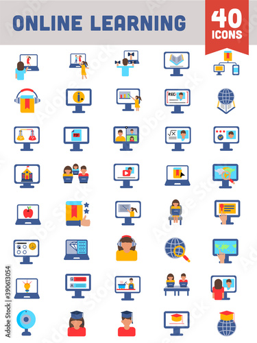 Colorful Online Learning Icon Set in Flat Style.