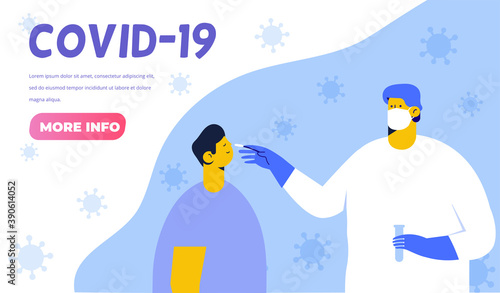Coronavirus (COVID-19) test. Doctor taking or DNA test by nasal (nose) swab probe, patient being tested, lab analysis. Cartoon Flat Vector Illustration.