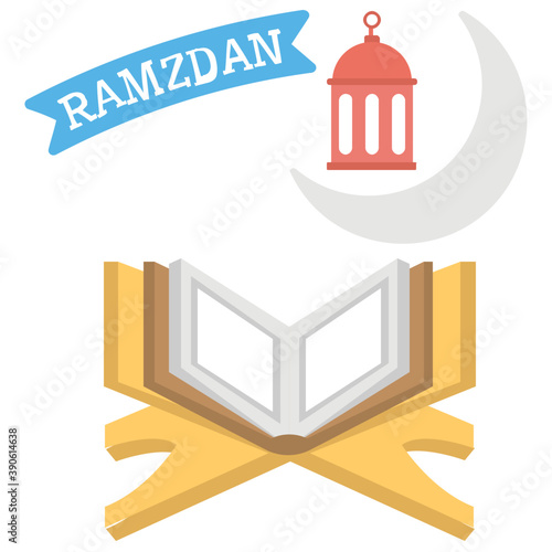 
Muslims holy book, quran pak a crescent with lamp is apparently describing the idea of holy month of ramadan, fasting 
