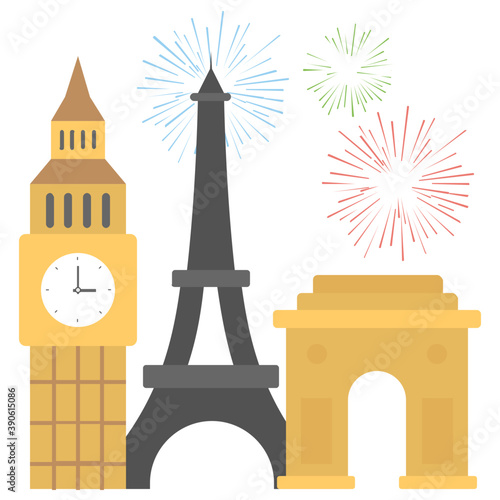 
Clock tower, eiffel tower and india gate a threesome icon is commemorating the idea of new year eve celebration
