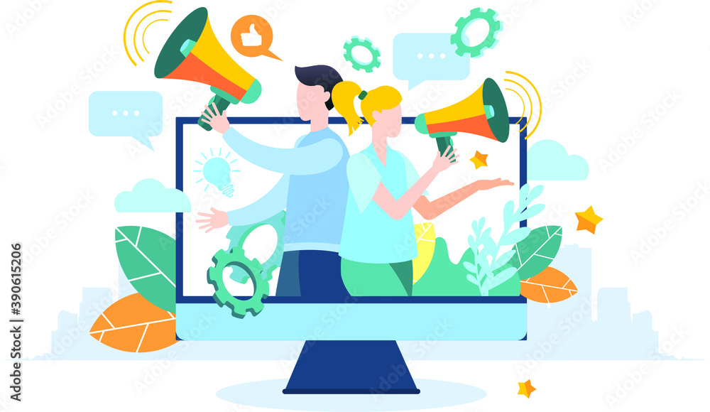 Modern flat illustration. People with a megaphone on TV. Advertising promotion. Drawing attention. A man and a Woman speak through a megaphone. Modern flat illustration. People with a megaphone on TV. Advertising promotion. Drawing attention. A man and a Woman speak through a megaphone.