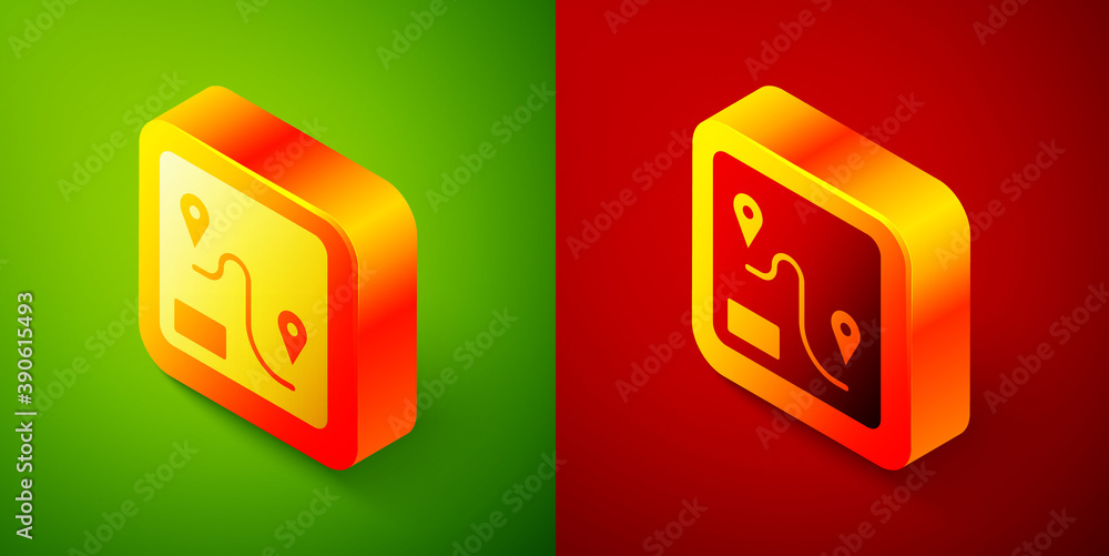 Isometric Route location icon isolated on green and red background. Train line path of train road route with start point GPS and dash line. Square button. Vector. Isometric Route location icon isolated on green and red background. Train line path of train road route with start point GPS and dash line. Square button. Vector.