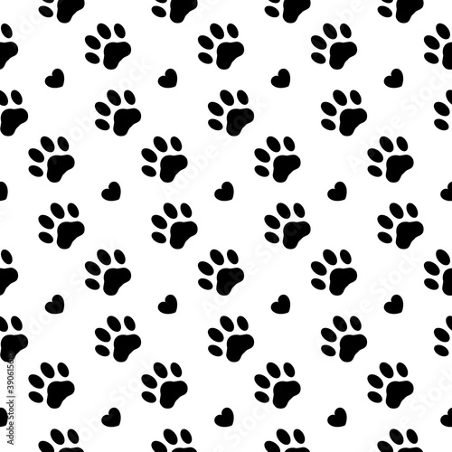 Pet prints. Paw seamless pattern. Black and white background for pets, dog or cat. Foot puppy. Silhouette shape paw. Footprint pet. Animal track. Trace foot dog, cat. Design walk pet for print. Vector