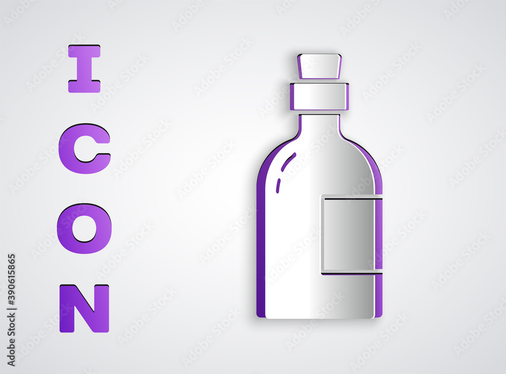 Paper cut Alcohol drink Rum bottle icon isolated on grey background. Paper art style. Vector. Paper cut Alcohol drink Rum bottle icon isolated on grey background. Paper art style. Vector.