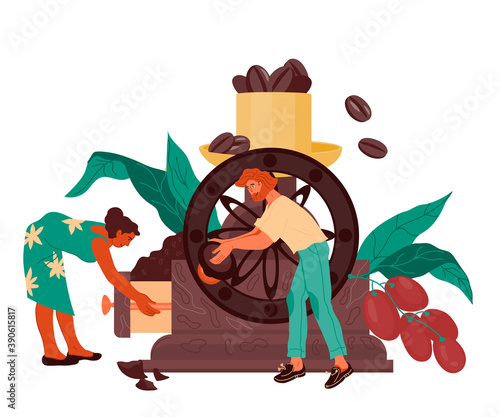 Banner template for cafeteria or coffeehouse with coffee makers tiny people near huge coffee grinder. Design for coffee packaging or menu card of hot drinks, flat vector illustration isolated.