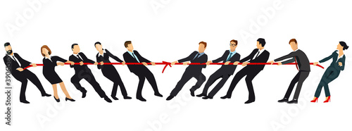 Tauziehen. Teams, die an entgegengesetzten Enden eines Seils gegeneinander ziehen, kämpfen um die Vormachtstellung der Unternehmen oder die Marktkontrolle. Geschäftskonzept Illustration