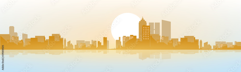 View of the modern daytime city. The brightening light of the sun. Sunrise, dawn. Horizon lines. Vector illustration in a flat style. Beautiful background with lighting.
