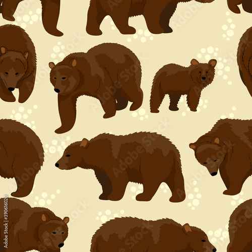 Brown bears seamless pattern. Animals of Eurasia and North America. Ursus arctos. Vector background