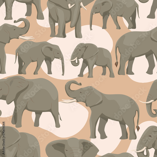 African savannah elephants seamless pattern. Animals of Africa and India. African bush elephant Loxodonta africana or African savanna elephant. Vector background