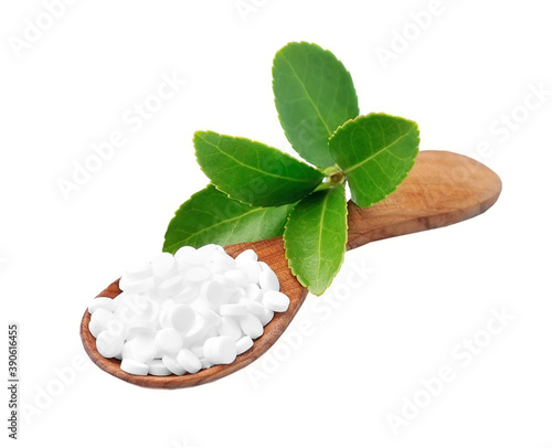 Stevia leaves with stevia sugar photo
