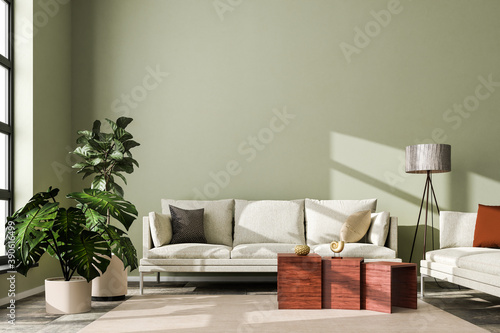 Interior scene: living room with a sofa in a loft building. Carpet on stone floor, floor lamp, fig tree and monstrea deliciosa plant. 3d render