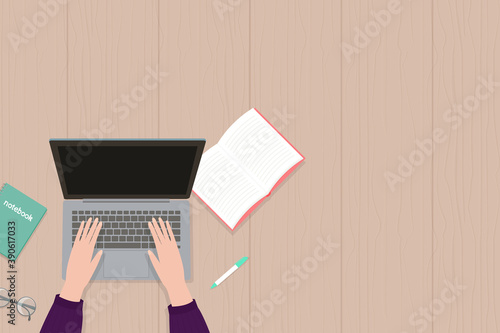 Vector illustration in flat cartoon style of hands, laptop top view and place for text. For poster, design of page site, web and advertising banner, article, card or flyer, promotion, mailing.