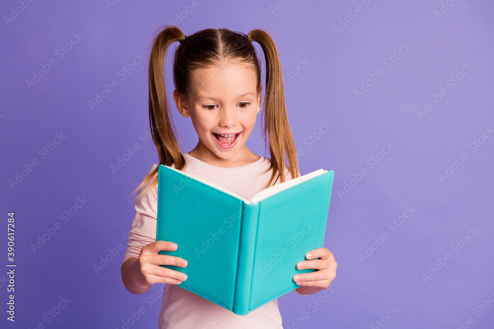 Photo of optimistic happy little girl hold read book study wear pullover isolated on violet color background Photo of optimistic happy little girl hold read book study wear pullover isolated on violet color background