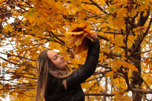 A smiling young woman holds yellow maple leaves in her hands. Happy young woman in autumn Park. A woman enthusiastically catches falling leaves. Autumn period. Defoliation. Nature.
