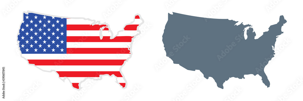 Map of USA in american flag. Isolated map illustration of America. United states area on white background. National flag as United states map. Vector illustration. EPS 10.