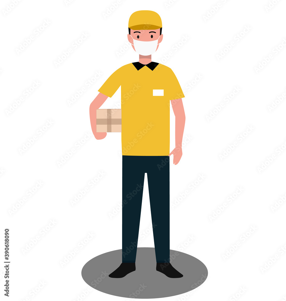 A delivery man is standing in medical protective mask with a parcel A delivery man is standing in medical protective mask with a parcel