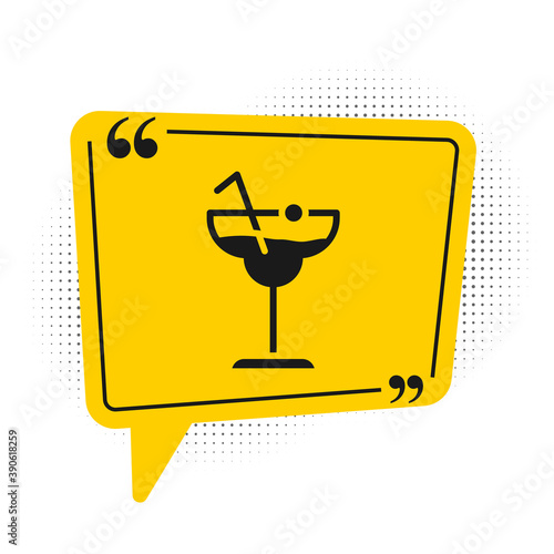 Black Cocktail and alcohol drink icon isolated on white background. Yellow speech bubble symbol. Vector.