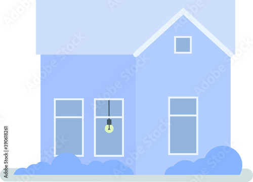 Vector flat house in lilac tones with a light bulb inside and bushes in the yard