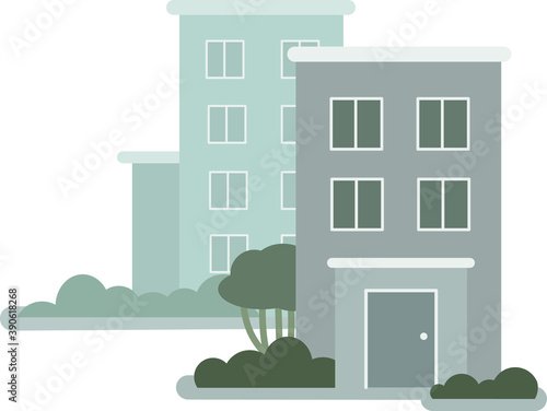 Vector flat multi-storey buildings in gray tones with bushes in the yard