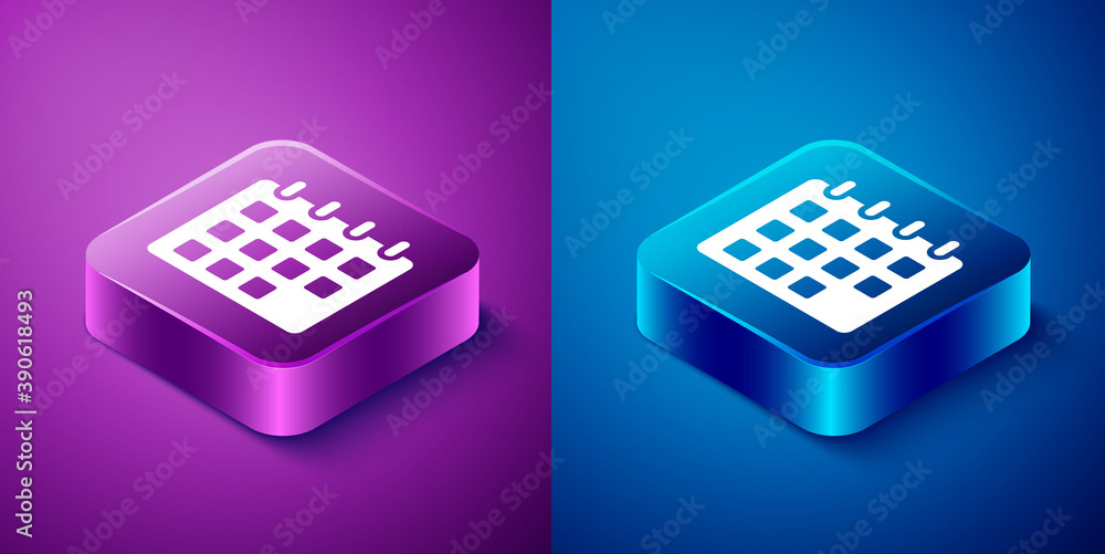 Isometric Calendar icon isolated on blue and purple background. Event reminder symbol. Square button. Vector. Isometric Calendar icon isolated on blue and purple background. Event reminder symbol. Square button. Vector.
