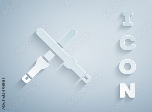 Paper cut Marshalling wands for the aircraft icon isolated on grey background. Marshaller communicated with pilot before and after flight. Paper art style. Vector.