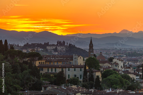 View at Florence in sunset light with the mountains