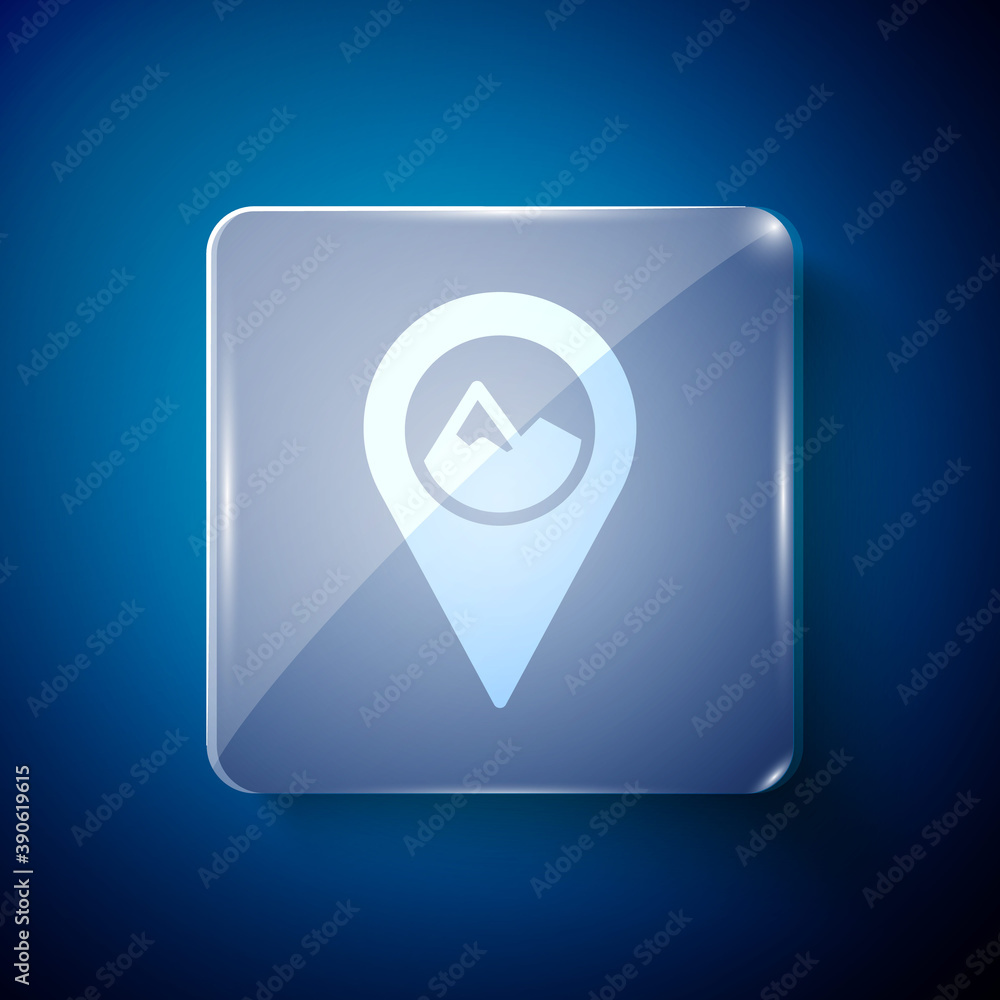 White Map pointer with mountain icon isolated on blue background. Mountains travel icon. Square glass panels. Vector. White Map pointer with mountain icon isolated on blue background. Mountains travel icon. Square glass panels. Vector.