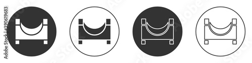 Black Skate park icon isolated on white background. Set of ramp, roller, stairs for a skatepark. Extreme sport. Circle button. Vector.
