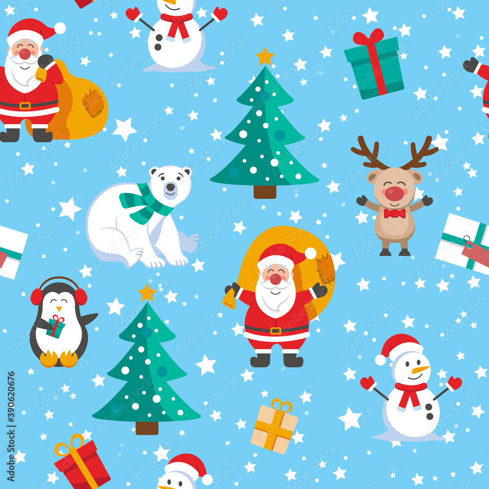 Seamless pattern with Santa Claus, deer, Christmas tree, Snowman and penguin. Christmas Vector illustration Seamless pattern with Santa Claus, deer, Christmas tree, Snowman and penguin. Christmas Vector illustration