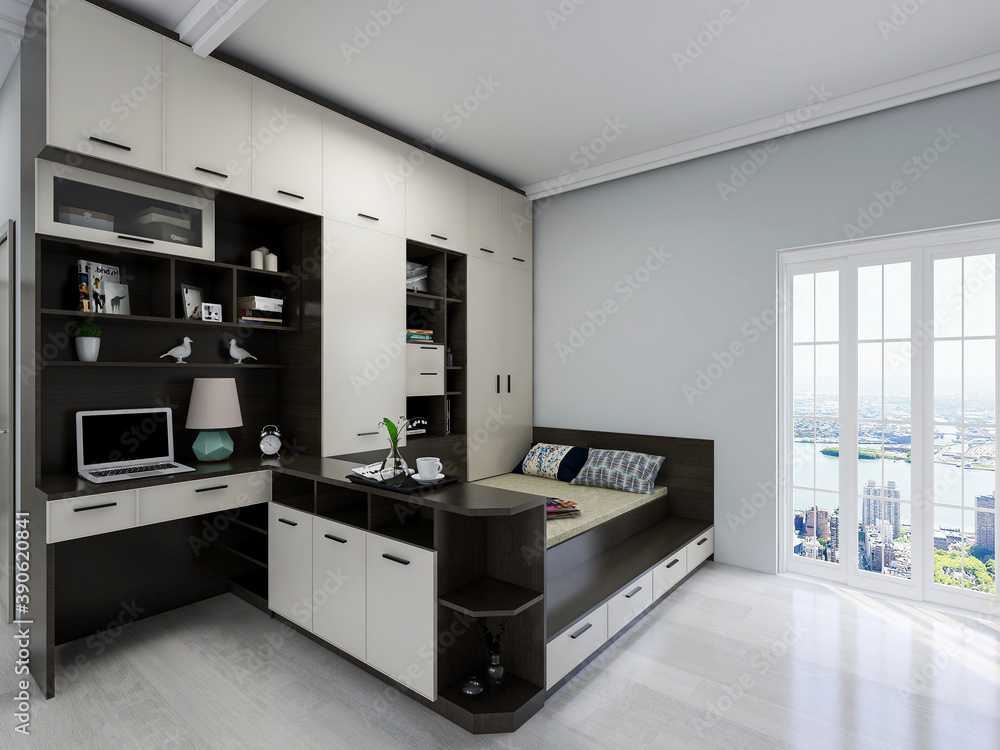 Modern design of the bedroom, there are large bed, dressing table and other facilities Modern design of the bedroom, there are large bed, dressing table and other facilities