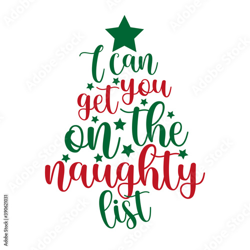 I can get you on the naughty list- funny phrase for Christmas. Good for greeting card, poster, T shirt print, mug, and gift design.