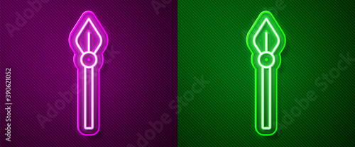 Glowing neon line Medieval spear icon isolated on purple and green background. Medieval weapon. Vector.