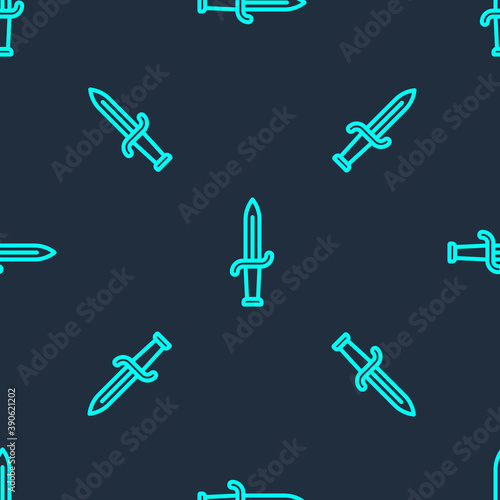 Green line Dagger icon isolated seamless pattern on blue background. Knife icon. Sword with sharp blade. Vector.